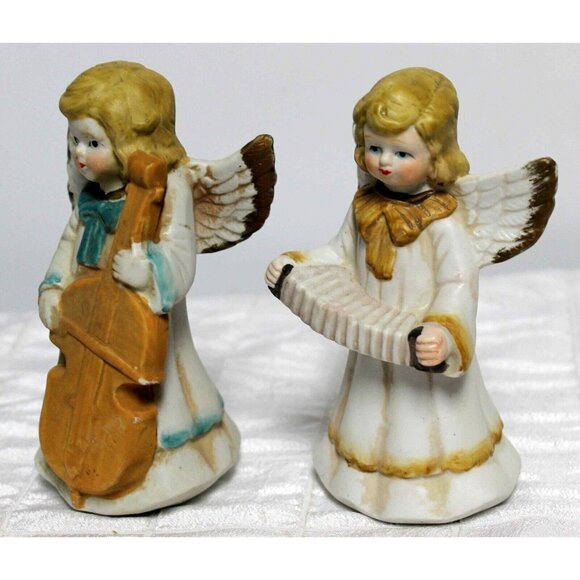 Vtg 70s Bisque Porcelain Angels Playing Instruments Cello Accordion Choir Blond - Picture 5 of 6